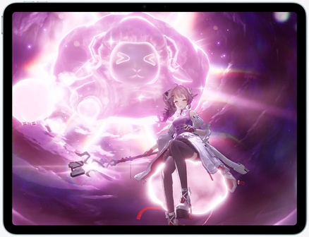 iPad Air elölnézetből, a képernyőn egy jelenet az Arknights: Endfield videojáték