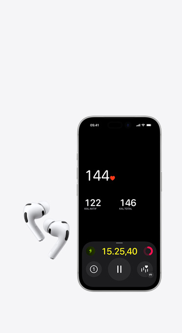 Headphone nirkabel Kiri dan Kanan di samping iPhone dengan monitor detak jantung di layar