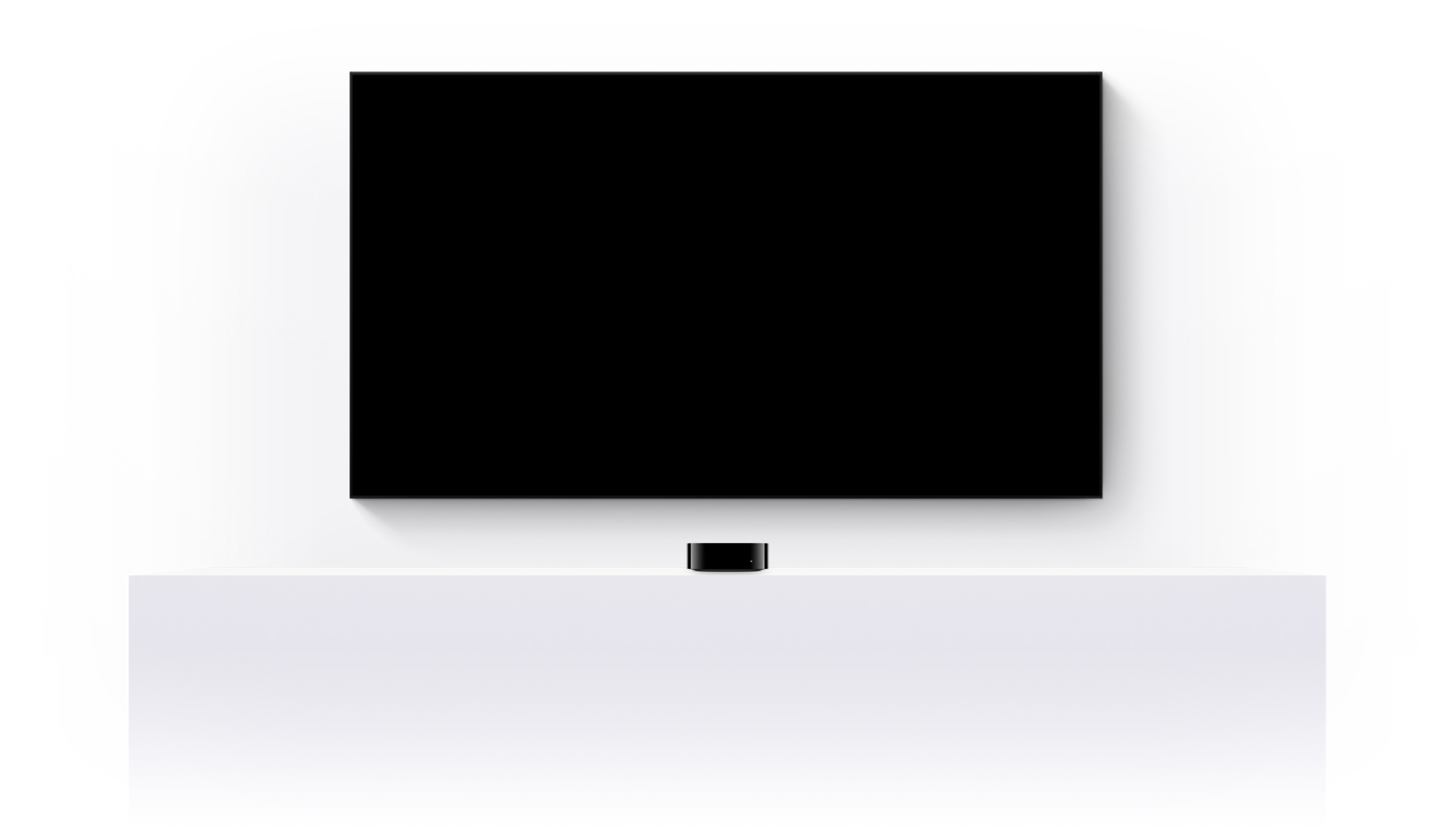 Apple TV 4K, dua HomePod, dan televisi layar datar yang menampilkan trailer beragam film dan acara Apple TV+ yang telah diedit