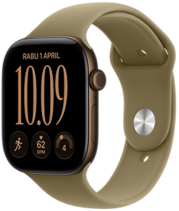 Apple Watch Series 12, casing aluminium, warna perunggu gelap, wajah jam Modular Ringkas, komplikasi: hari dan tanggal, olahraga Berlari, detak jantung, kesiapan, eksterior sisi kanan, Digital Crown, tombol samping, Tali Jam Sport Band, warna hijau zaitun