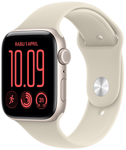 Apple Watch SE 3, casing aluminium, warna putih pucat metalik, wajah jam Modular Ringkas, komplikasi: hari dan tanggal, olahraga Berlari, lingkaran Aktivitas, Cuaca, eksterior sisi kanan, Digital Crown, tombol samping, Tali Jam Sport Band, warna krem pasir