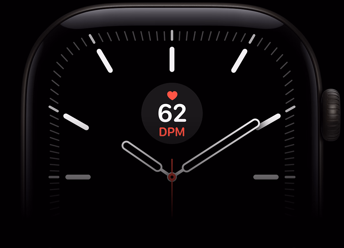 Apple Watch Series 12, casing aluminium, warna hitam, wajah jam Meridian dengan komplikasi detak jantung, eksterior sisi kanan, Digital Crown