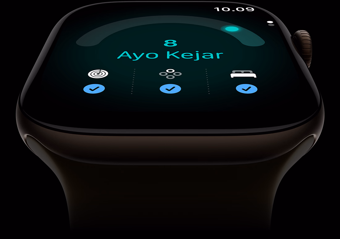 Apple Watch Series 12, casing aluminium, warna perunggu gelap, skor kesiapan 8, eksterior sisi kanan, Digital Crown, Tali Jam Sport Band, warna hijau zaitun