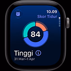 Apple Watch Series 12, casing aluminium, warna abu-abu, diagram lingkaran skor tidur, eksterior sisi kanan, Digital Crown