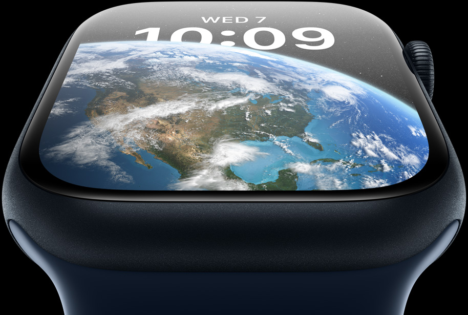 Perangkat keras Apple Watch Series 8 dengan wajah jam globe