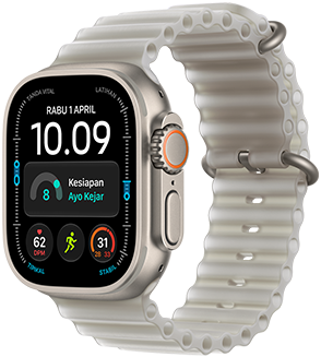 Apple Watch Ultra 4, casing titanium, warna alami, wajah jam Modular, komplikasi: hari dan tanggal, kesiapan, detak jantung, olahraga Lari, Cuaca, eksterior sisi kanan, Digital Crown, tombol samping yang menonjol, Tali Jam Ocean Band, warna abu-abu semi transparan