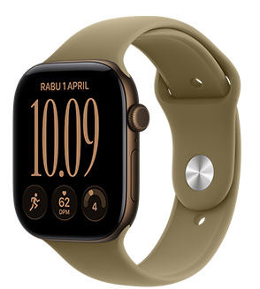 Apple Watch Series 12, casing aluminium, warna perunggu gelap, wajah jam Modular Ringkas, komplikasi: hari dan tanggal, olahraga Lari, detak jantung, kesiapan, eksterior sisi kanan, Digital Crown, tombol samping, Tali Jam Sport Band, warna hijau zaitun