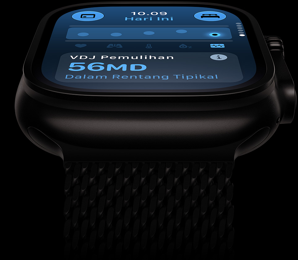 Apple&nbsp;Watch Ultra&nbsp;4, casing titanium, warna hitam, VDJ dalam kisaran normal, tali jam Milanese&nbsp;Loop titanium, warna hitam