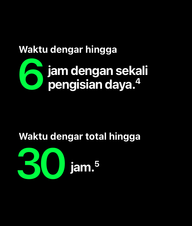 Up to 6 hours of listening time on one charge.(4)  |  Up to 30 hours of total listening time.(5)