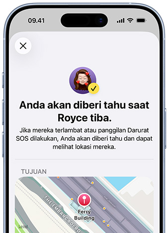 Layar iPhone menampilkan konfirmasi bahwa pemberitahuan Lacak telah diatur, teks bertuliskan 