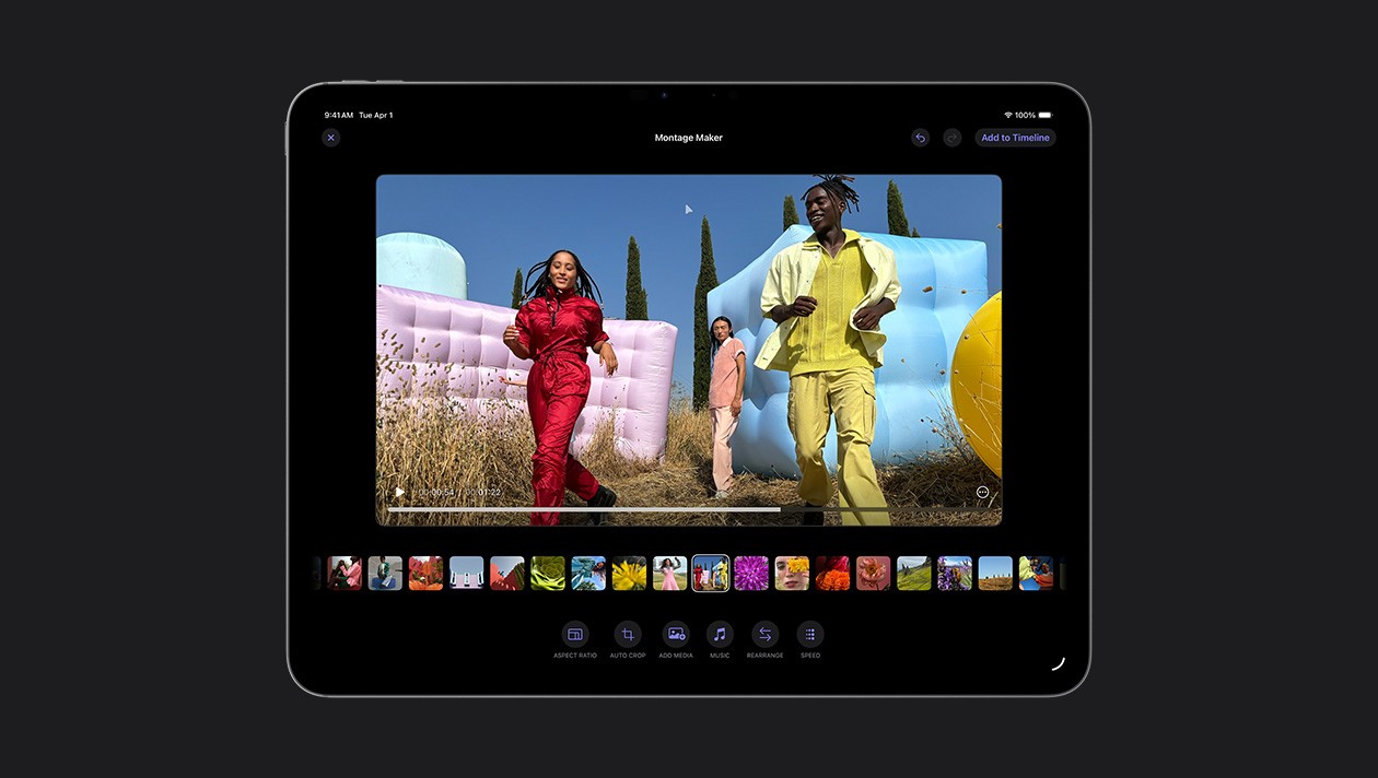 iPad Pro 13, layar memperlihatkan tampilan dari atas, orang-orang berkacamata hitam dalam sebuah lingkaran yang sedang membuat isyarat damai dengan tangan mereka, demo Montage Maker
