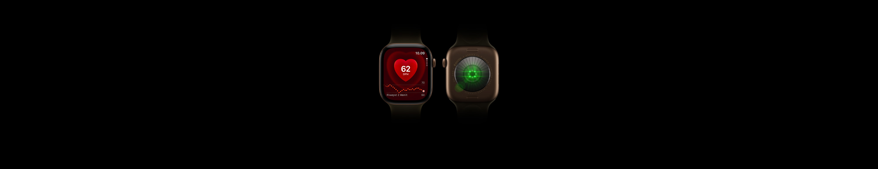 Two Apple Watch Series 12 devices, aluminum case, dark bronze color, olive Sport Band, one showing front of watch with Heart Rate app, one showing back of watch with Health Sensing System with glowing green LED lights
