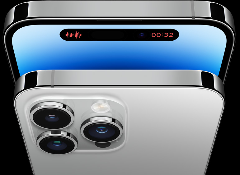 Tampilan depan dan belakang bertumpuk iPhone 14 Pro dalam warna perak