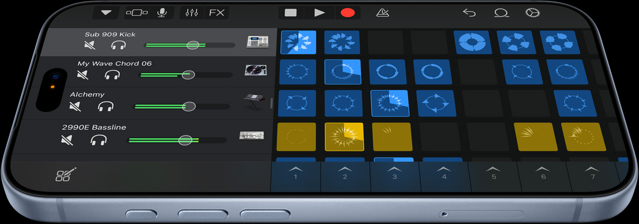 iPhone 18 Pro berwarna biru gletser menampilkan antarmuka pengguna aplikasi produksi musik Logic Pro