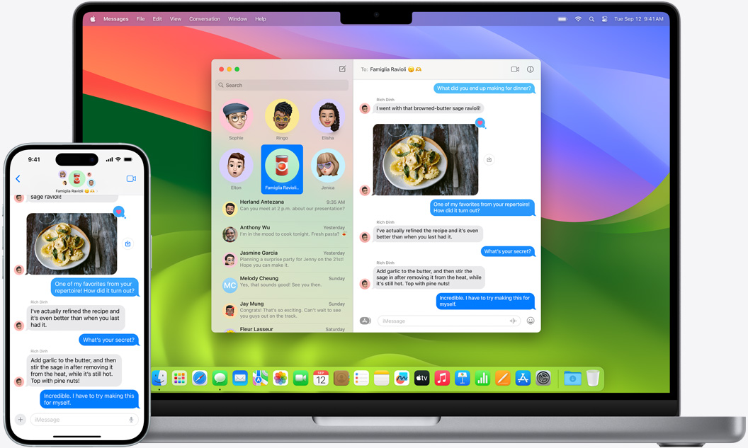 iPhone dan MacBook yang menampilkan percakapan iMessage yang sama.