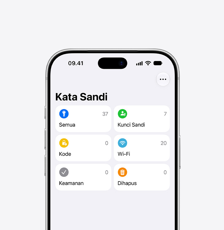 Layar iPhone menampilkan menu Kata Sandi dengan opsi Semua, Kunci Sandi, Kode, Wi-Fi, Keamanan, Dihapus
