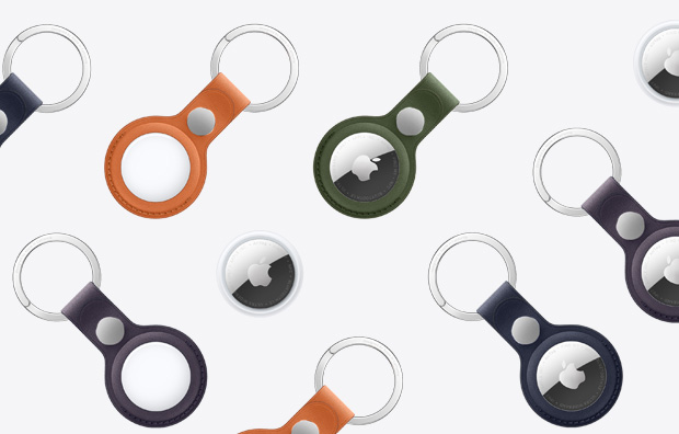 AirTag dan Gantungan Kunci Cincin FineWoven AirTag: tersedia dalam beragam pilihan warna, aksesori gantungan kunci cincin ini menutupi bagian tepi luar dan menampilkan bagian depan dengan logo Apple atau bagian belakang berwarna putih