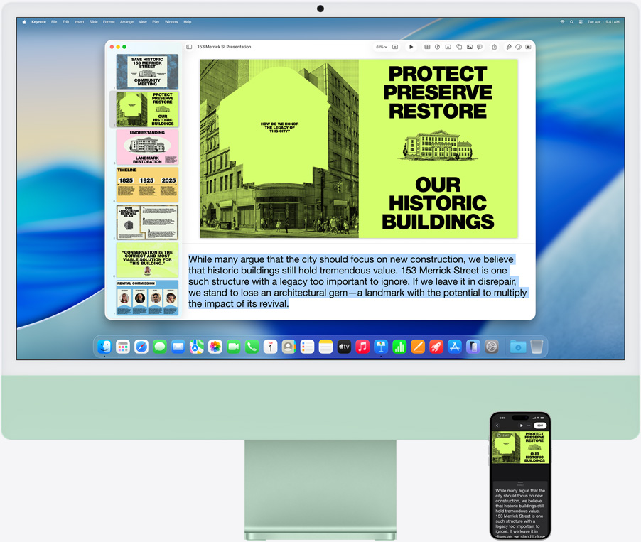 iMac dan iPhone 16 Plus, aplikasi Keynote terbuka di iMac, slide dan catatan presenter terlihat di iPhone