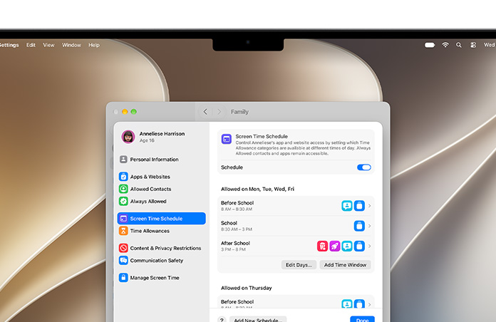 Layar MacBook Pro menampilkan opsi Alokasi Waktu dan Jadwal Durasi Layar di Pengaturan untuk mengatur kategori waktu dan media bagi anak mereka