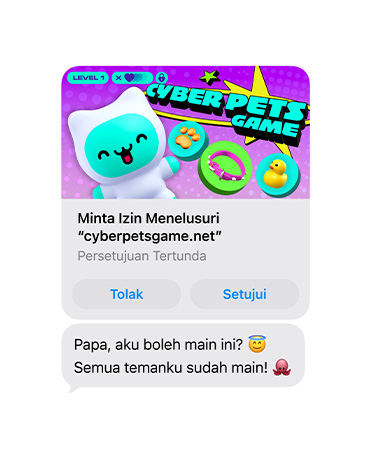Layar yang menampilkan pesan teks dengan jepretan layar cyberpetsgame.net, tombol Tolak dan Terima di bawah grafis, teks pesan, Papa, boleh aku cek ini? Semua temanku sudah main