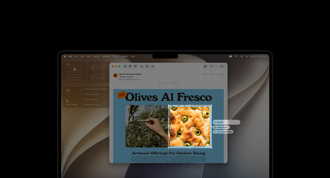MacBook Pro 14 nci, Hitam Angkasa, layar menampilkan demo Kecerdasan Visual, memperlihatkan email dengan gambar makanan dan rempah-rempah, kotak membingkai gambar zaitun pada roti dan tiga perintah melayang di atas gambar, termasuk Minta Siri, Pencarian Gambar, dan Cari Tahu Gizi