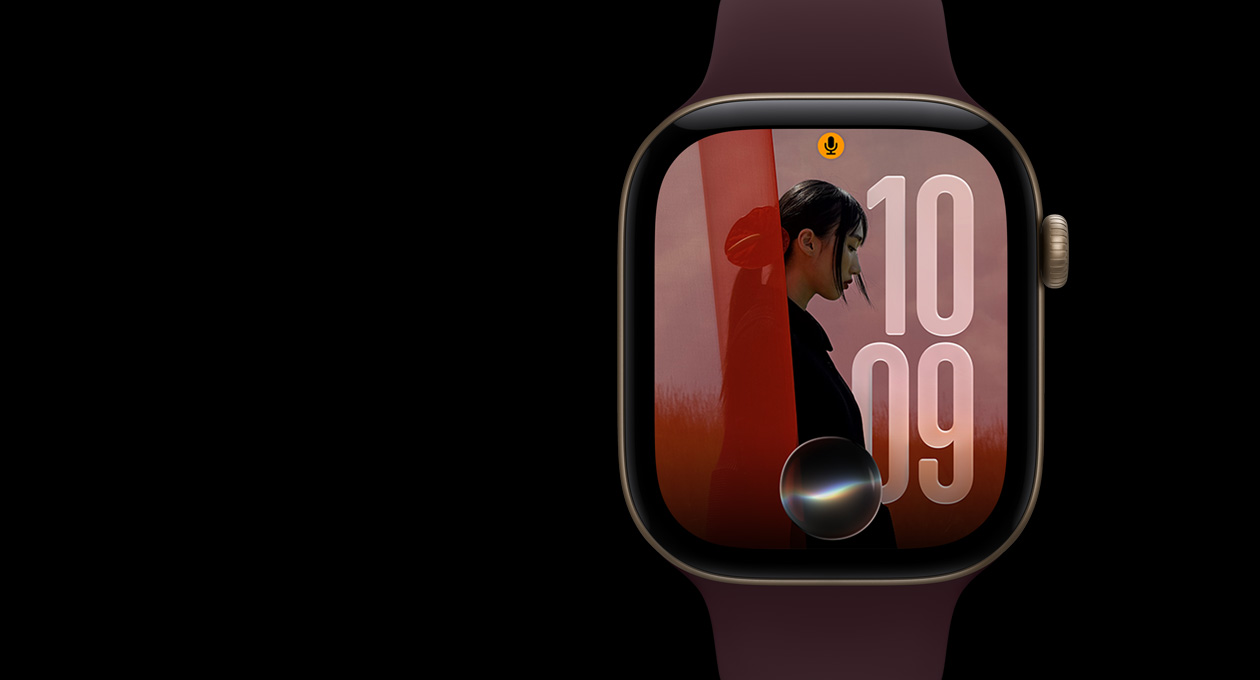Apple Watch Series 12, Titanium Natural, screen showing Siri Orb glowing, with Liquid Glass time numerals behind it