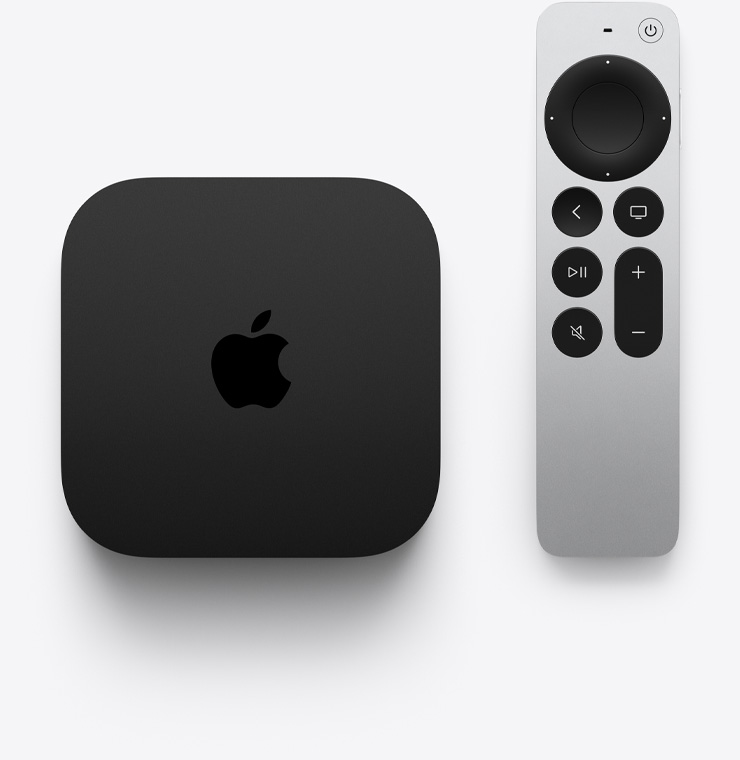 Gambar memperlihatkan Apple TV 4K dan Siri remote