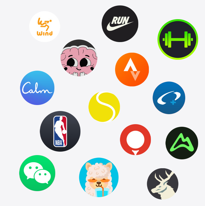 Apple Watch app icons: ChargePoint, Yelp, Nike Run Club, SmartGym, Calm, NBA, SwingVision, Oceanic+, WeChat, Waterllama, Golfshot, JetBlue, AllTrails