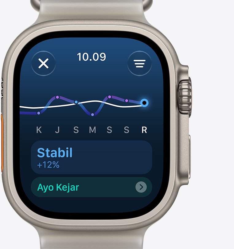 Apple Watch Ultra 4, training load screen indicates steady increase, titanium case, natural color, connected to Ocean Band, translucent gray color