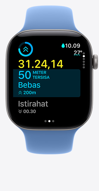 Apple Watch Series 12, aluminum case, space gray color, Workout screen tracks Pool Swim, metrics onscreen, Sport Band, wildflower blue color
