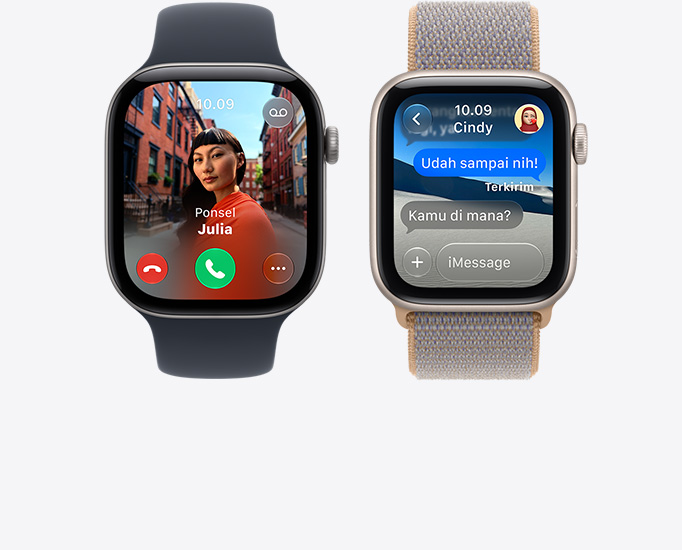 Perangkat Apple Watch Series 12, layar: panggilan masuk, foto kontak, tombol terima dan tolak panggilan, percakapan iMessage, terhubung ke Tali Jam Sport Band, warna hitam, tali jam Sport Loop, warna biru chambray (biru muda-abu-abu)