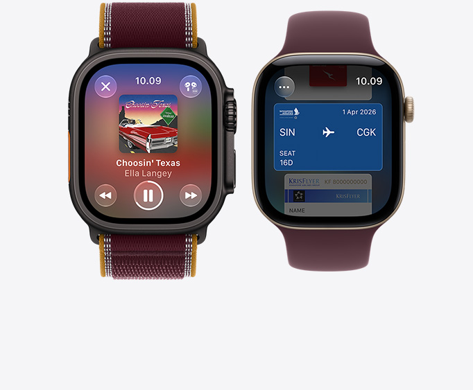 Apple Watch Ultra 4, titanium case, black color, Apple Music app, now playing screen, Trail Loop band, burgundy color; Apple Watch Series 12, aluminum case, light gold color, Apple Pay screen, Sport Loop band, burgundy color