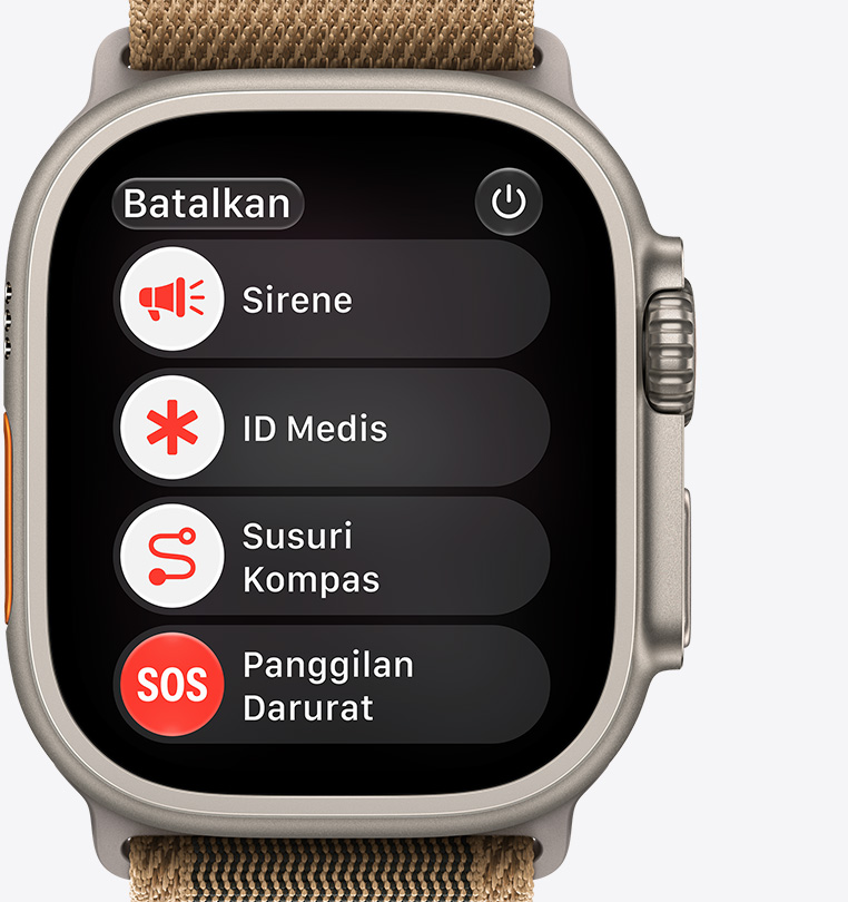 Apple Watch Ultra 4, titanium case, natural color, emergency assistance options onscreen: siren, medical ID, compass backtrack, emergency call