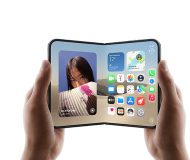Two hands hold an open iPhone Duo, left screen displays a photo of a woman, right screen shows a home screen with various app icons, including Messages, Photos, Camera, and App Store