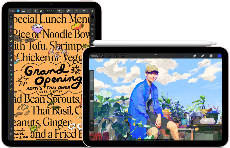 iPad mini on left, portrait orientation, showing a graphic of a dinner menu. To the right, iPad mini, landscape orientation showing an illustration with Apple Pencil 2nd generation attached to the top.