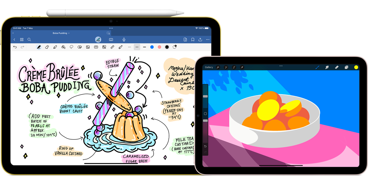 On left, iPad 10th generation, landscape orientation, displaying a graphic with notes and a drawing with Apple Pencil USB-C attached at top. On right, iPad mini, landscape orientation showing a colorful illustration made with ProCreate.