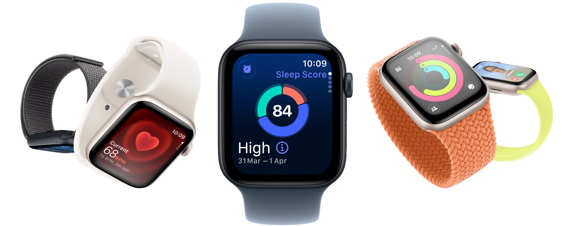 Apple Watch SE 3 with aluminium cases available in starlight and midnight colours, featuring apps such as Vitals, Heart Rate, sleep score, Activity rings, and incoming call