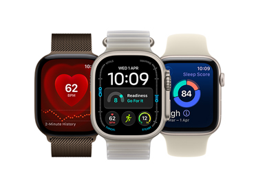 Three Apple Watch devices: Apple Watch Series 12, aluminium case, dark bronze colour, Heart Rate app, dark bronze colour Milanese Loop, Apple Watch Ultra 4, titanium case, natural colour, Modular watch face with readiness, heart rate, Workouts and UV Index complications, right side exterior, Digital Crown, raised side button, translucent kelp colour Ocean Band, Apple Watch SE 3, aluminium case, starlight colour, sleep score, right side exterior, Digital Crown, sand colour Sport Band
