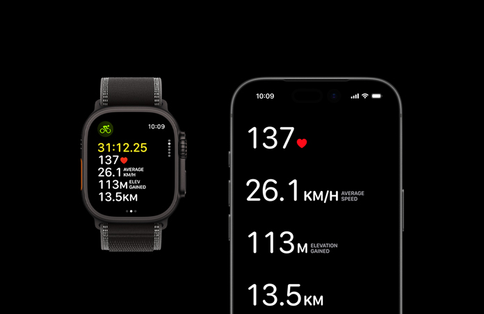 Apple Watch Ultra 3, black colour, titanium case, Trail Loop, black/charcoal colour, iPhone, active workout metrics open on both devices