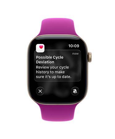 Apple Watch Series 12, aluminium case, light gold colour, possible cycle deviation notification, Sport Strap, magenta colour