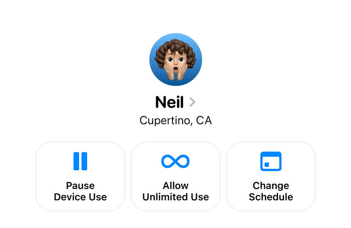 Settings app options for a parent to Pause Device Use, Allow Unlimited Use, or Change Schedule for their child