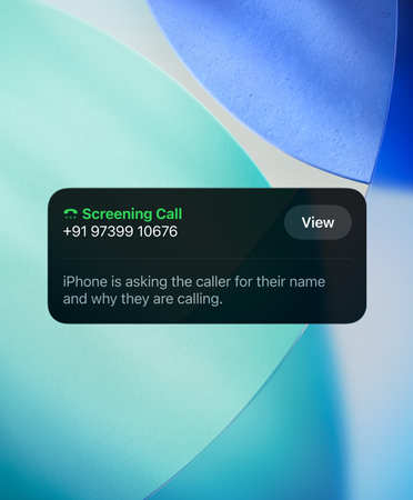 iPhone app widget showcasing screening feature on an incoming call, new OS wallpaper set in the background