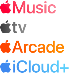 A list of Apple services: Apple Music, Apple TV,  Apple Arcade and Apple iCloud Plus