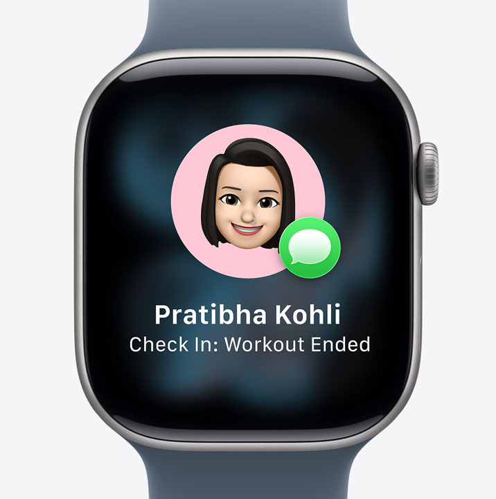 Apple Watch Series 11, aluminium case, silver colour, Check In prompt, notification that friend finished their workout, Sport Band, anchor blue colour