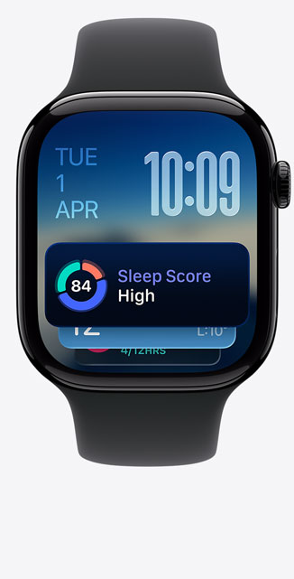 Apple Watch Series 11, aluminum case, polished jet black color, Smart Stack, sleep score alert, right side, Digital Crown, black Sport Band