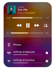 L’interfaccia di Apple Music su un iPhone; vengono mostrati due paia di AirPods collegati allo stesso dispositivo che riproducono la stessa canzone; ciascun paio di AirPods ha il suo controllo del volume indipendente.