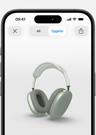 Immagine in realtà aumentata di un paio di AirPods Max verdi sul display di iPhone.