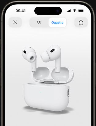 Diplay di un iPhone che mostra un rendering in realtà aumentata degli AirPods Pro.