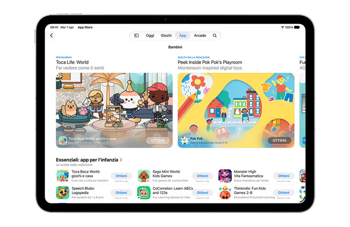 Schermata dell’App Store con la sezione App per l’infanzia.