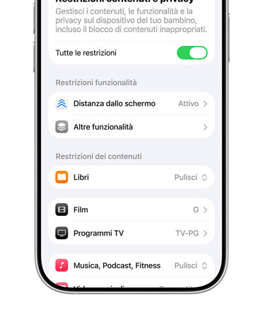 iPhone su cui compaiono le opzioni per limitare i contenuti e gestire la privacy in un account per bambini.